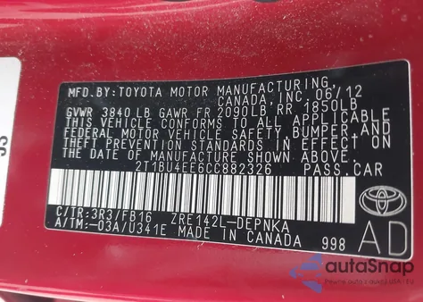 2012 Toyota Corolla Ce z USA, uszkodzony, nr VIN 2T1BU4EE6CC882232